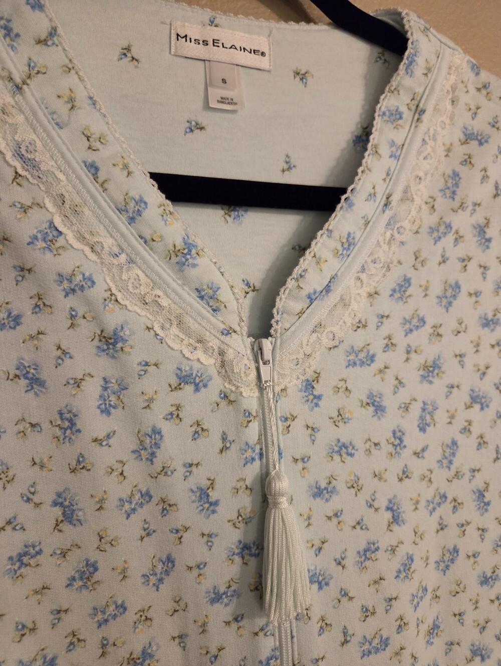 MISS ELAINE Blue Ditsy Flower Full Zip Long Sleeve House Coat Duster Robe Size S - Picture 4 of 12
